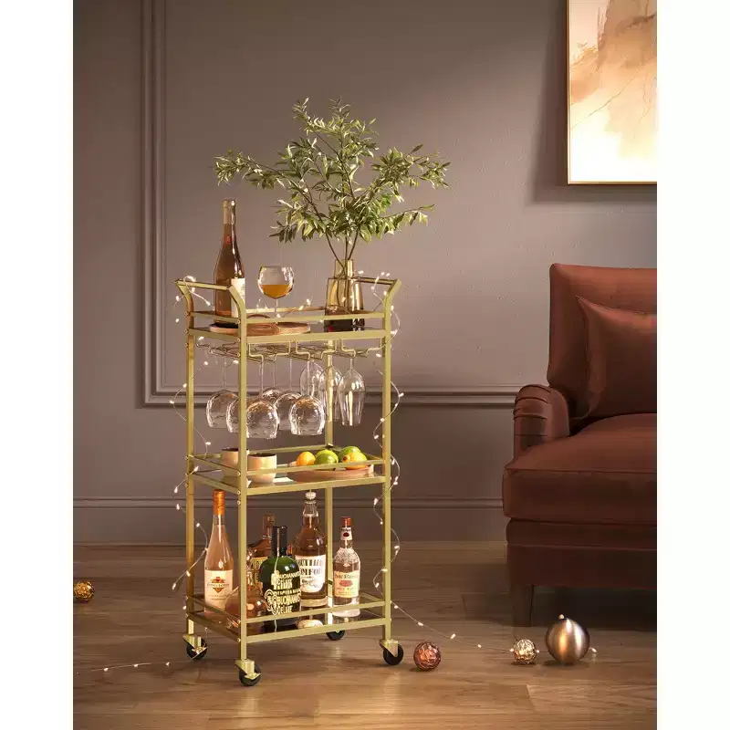 Bar Cart with 3-Tier Shelf, Wine Holders, Glass Holders, Pale Gold