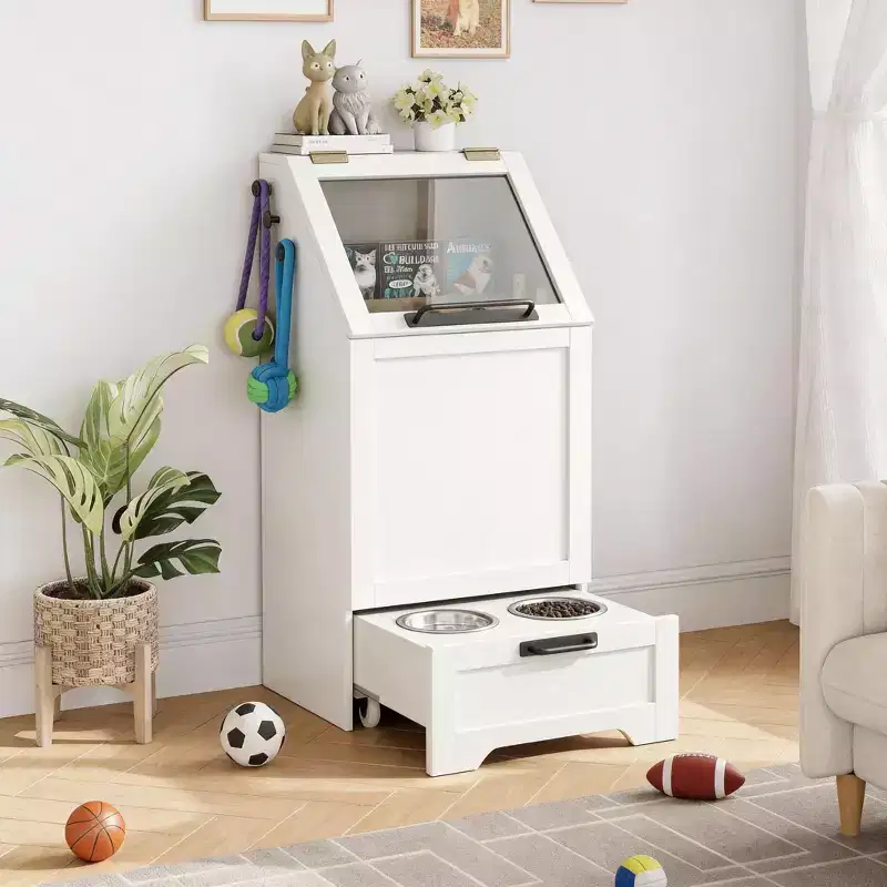 Dog Feeding Station with Storage, Dog Food Storage Cabinet with 2 Elevated Bowls & 3 Hooks, Hidden Pet Feeder Station for Living Room