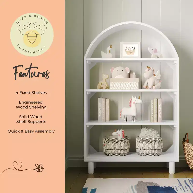 Buzz & Bloom Wood Open Bookshelf with Covered Rounded Top, 4 Shelves, and Cylindrical Legs