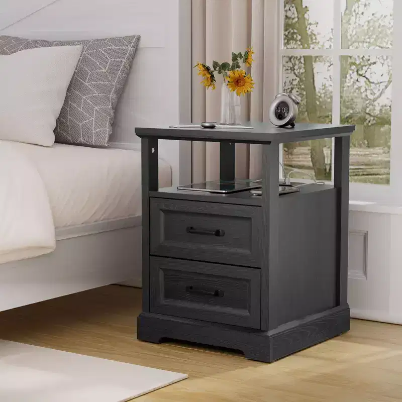 Modern Rustic Bedside Nightstand with Charging Station, 2 Drawers & Open Shelf – Farmhouse End Table