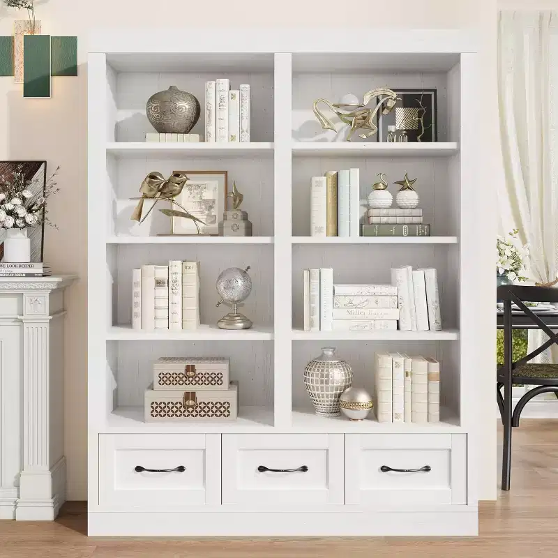 Bookcase 64 Tall Double-Wide 4-Tier Shelf with 3 Drawers, Deep Storage for Living Room, Office, Bedroom, 47.2W x 11.8D