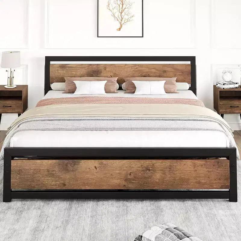 King Size Bed Frame with Headboard, No Box Spring Needed, 14 Platform with Storage, Retro Brown