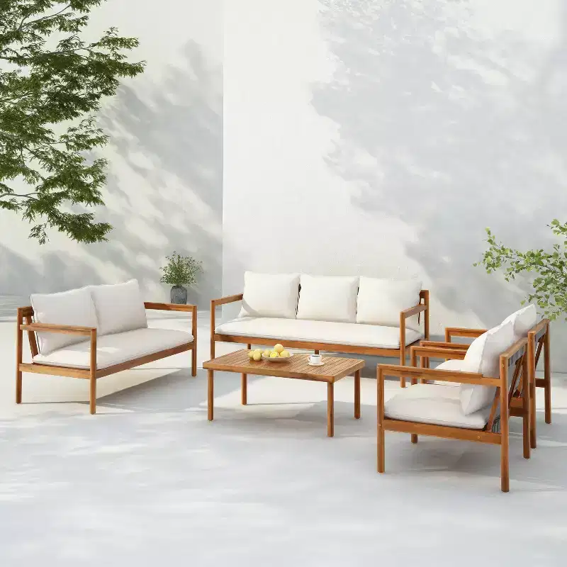 Christopher Knight Home Negley Outdoor 5 Piece Acacia Wood and Rope Chat Set with Water Resistant Cushion