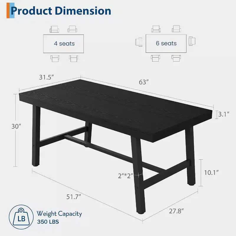 Industrial Dining Table for 4-6 People, 63in Long Wooden Kitchen Table with Sturdy Metal Frame - Seats 4-6 Rectangular Counter for Dinner