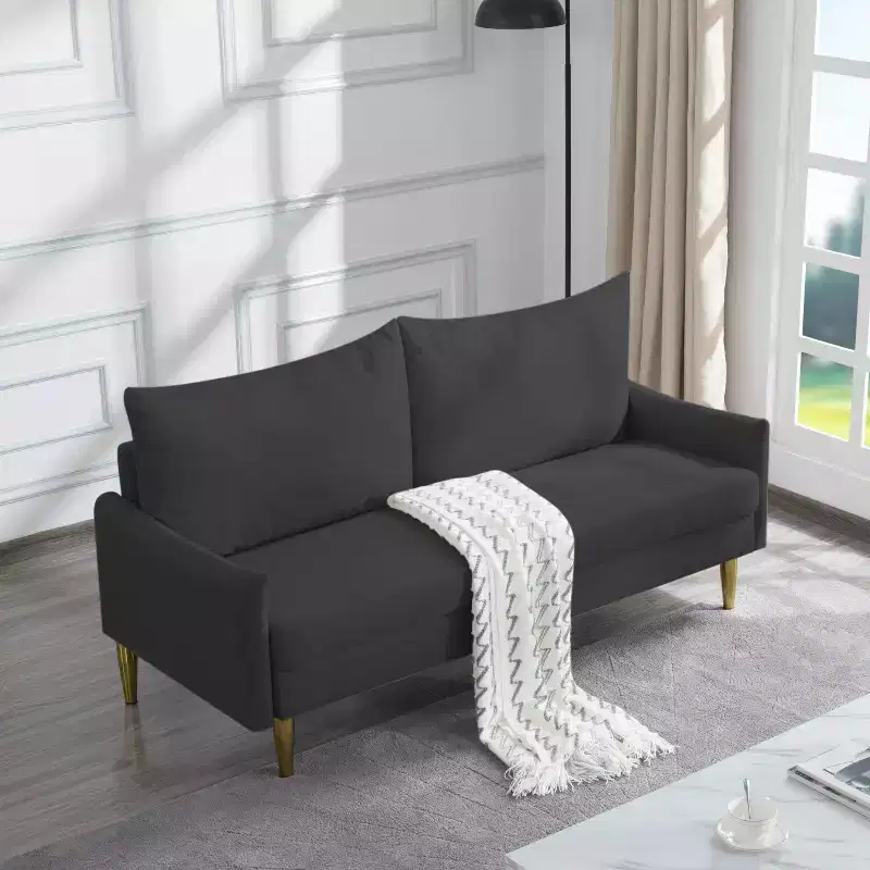 67 Modern Loveseat - Curved Arms & Back, Removable Washable Back Covers, Gold Metal Legs