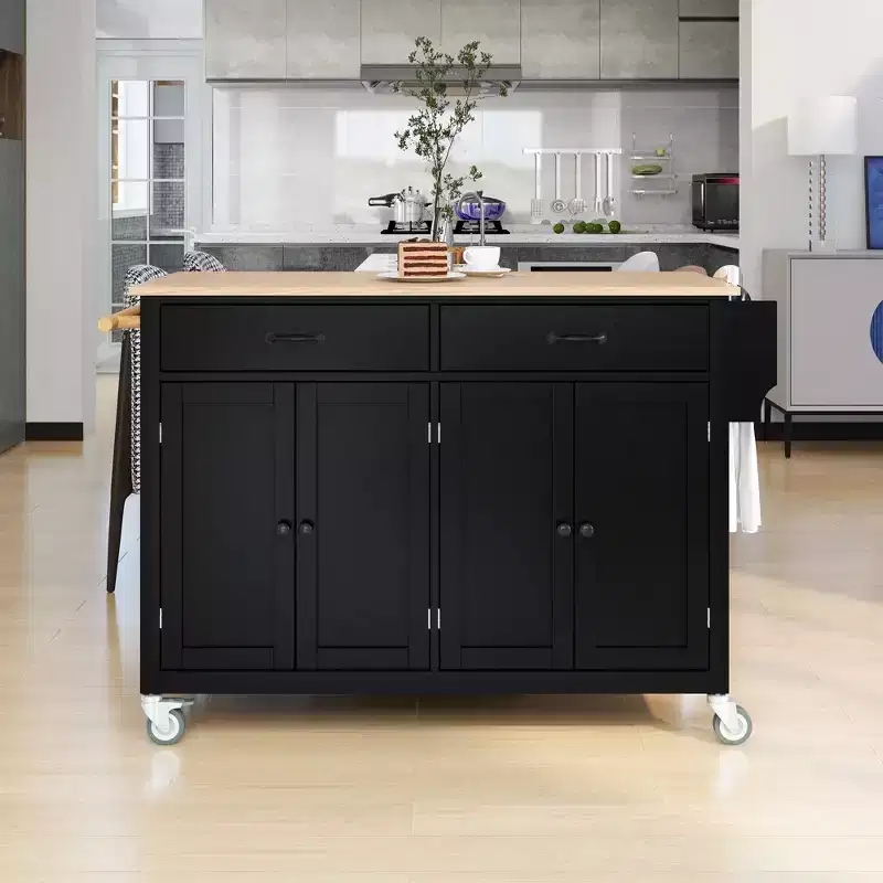 PexFix 54.3 Inch Kitchen Island Cart with Solid Wood Top and Locking Wheels 4 Door Cabinet and Two Drawers & Spice Rack & Towel Rack Black