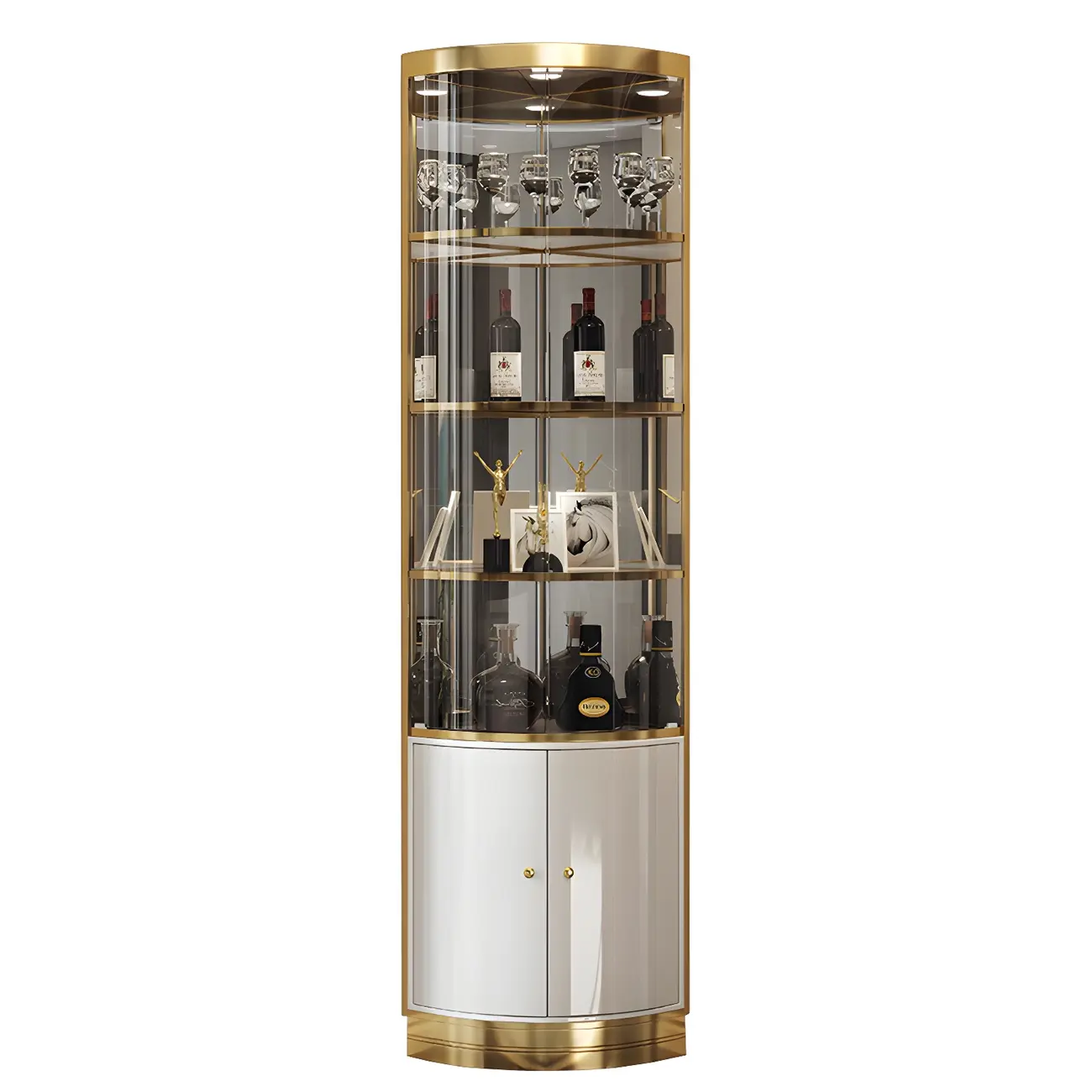 Glam Glossy Glass Gold Metal Rounded Display Corner Cabinet