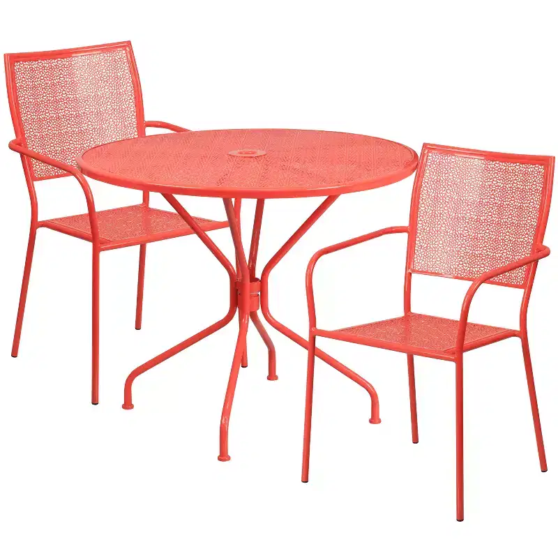 Emma and Oliver Commercial Grade 35.25 Round Metal Garden Patio Table Set, 2 Square Back Chairs
