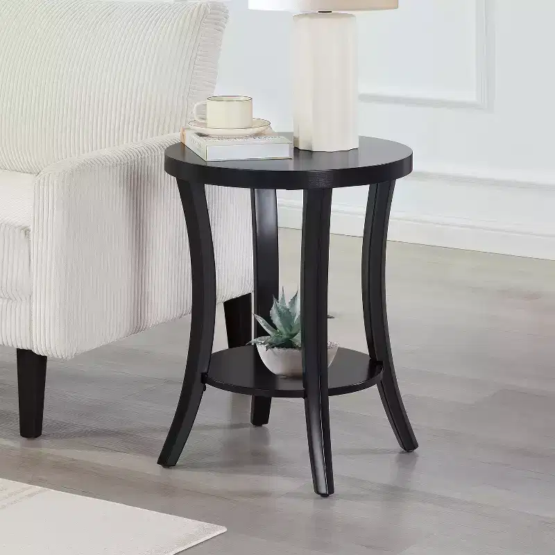 Round End Table with Two-Tier Shelf, Curved Legs, Veneer Finish