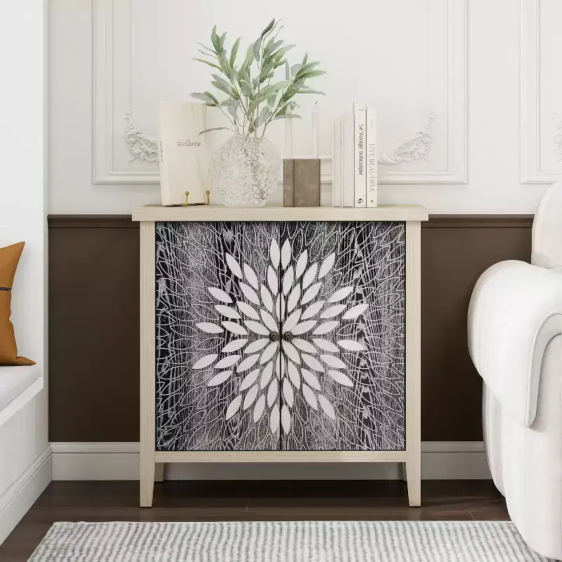 Okak Modern Accent Cabinet, Sideboard Cabinet with Four Carved Patterns Doors, Storage Cabinet for Kitchen, Dining Room, Entryway