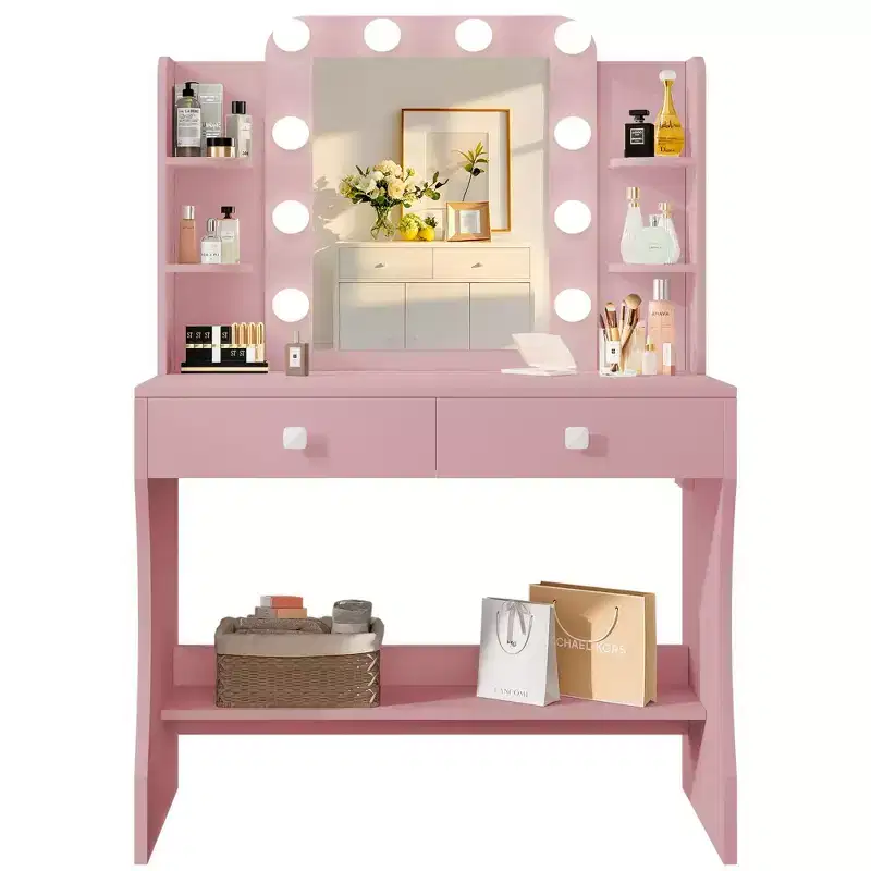 Small Vanity Desk, Vanity with Power Outlet, 3 Lighting Modes & 10 LED Bulbs