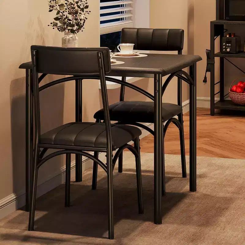 Modern Rustic Square Dining Set, 29.2' L x W 30.1' H Table, 33.7' 18.4' 17' Chairs, 2 Person, Metal & MDF, Easy Assembly, Space-Saving