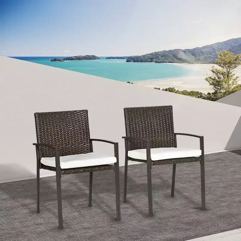 PE Rattan Outdoor Dining Chair Set with Cushion, 2 Patio Wicker Dining Chairs with Backrest