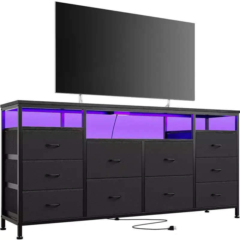 Zstar TV Stand with 10 Fabric Drawers for 65 70 75 Inches TV, 63 W Entertainment Center TV Console Table with LED Lights & Open Storage Shelves