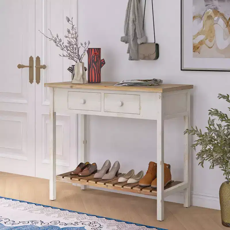 Rustic Fir Wood Console Table with 2 Drawers and 1 Open Lower Shelf