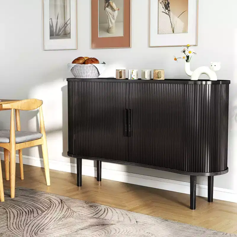 Storage Sideboard 1.4M Long Curved MDF Modern Buffet Cabinet with Doors for Kitchen Living Room Bedroom Black