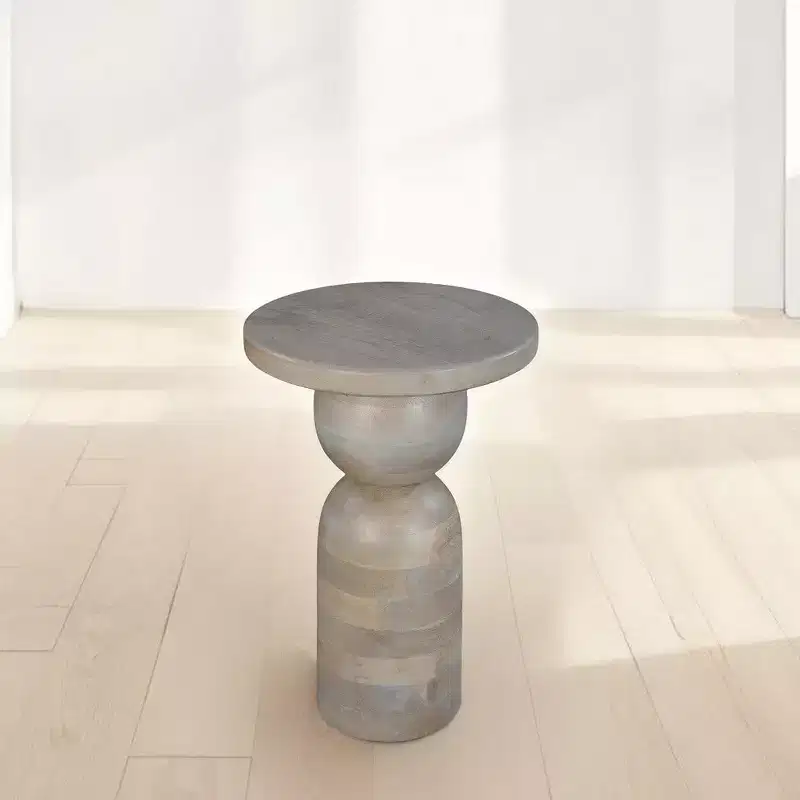 Royal Hampton 12 Inch Round Side End Table, Turned Pedestal Base, Beige Mango Wood in Natural Brown Finish
