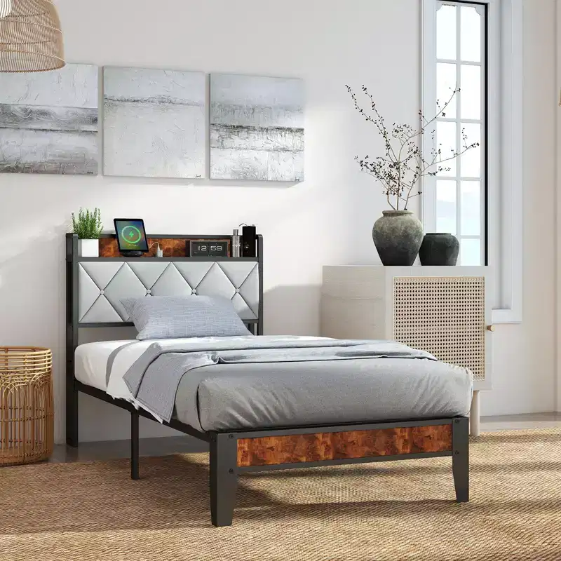 Storage Platform Bed Frame with Soft Padding, Heavy-Duty Slatted Bed Frame, Sturdy Iron Mattress Foundation, 1100lbs Capacity