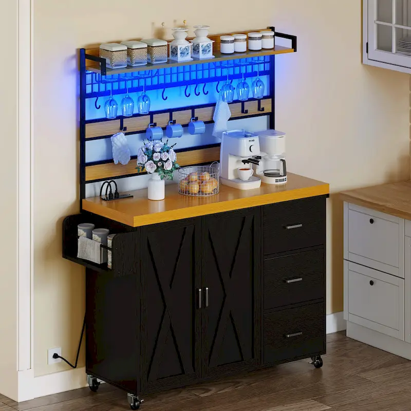 53-Inch Rolling Kitchen Island with Power Outlet, LED Light & Tall Shelf