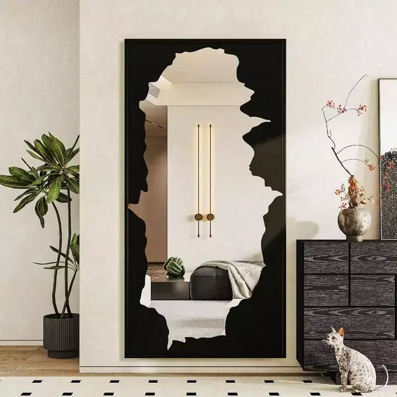 Abstract Black Full-Length Mirror, 55x28 Inches. Shatterproof, Stand or Wall Mount for Bedroom, Living Room, Bathroom Decor