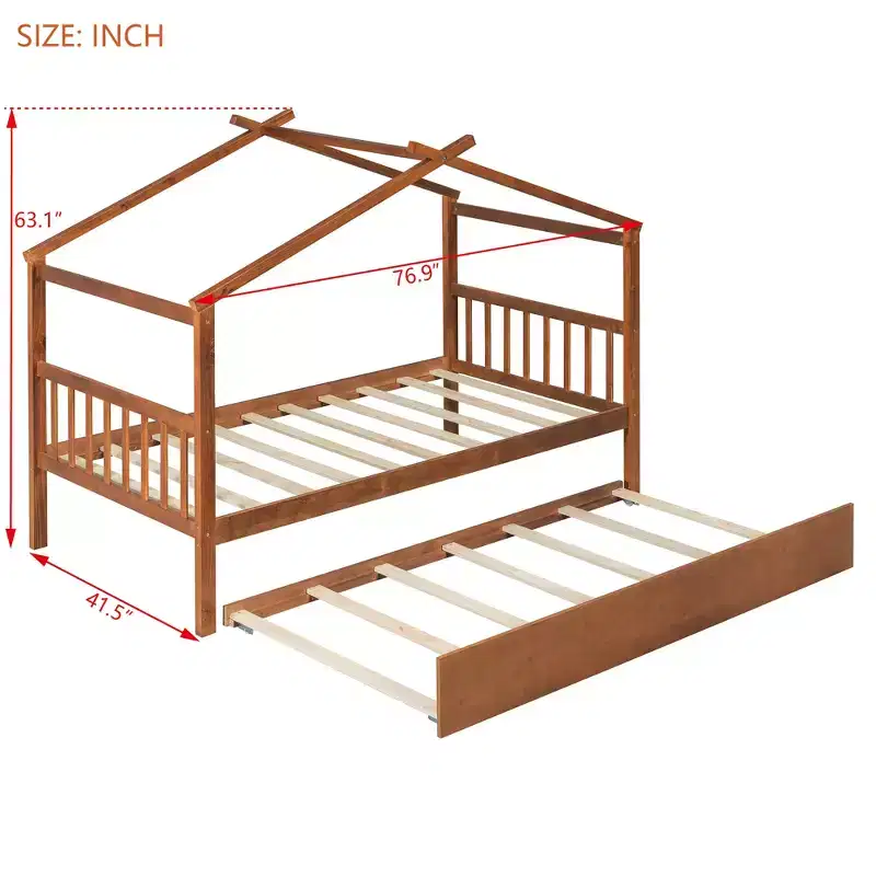 Bellemave Twin Wooden House Bed Frame with Roof, Playhouse Bed with Trundle,Walnut