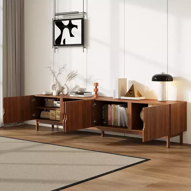 87-Inch TV Stand for TVs up to 90 Inches, Media Console with 4 Cabinets, Solid Wood Legs & Vertical Groove Panel