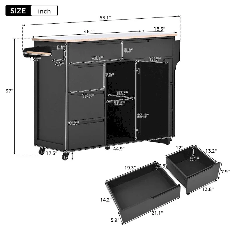 53 in. W Kitchen Island with Countertop and Drawers - N/A
