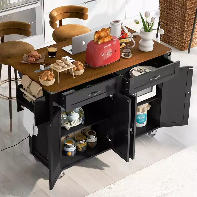 Okak Kitchen Island with Power Outlet and Drop Leaf, Kitchen Island Table with Spice Rack, Doors and Drawers, Rolling Kitchen Island for Home