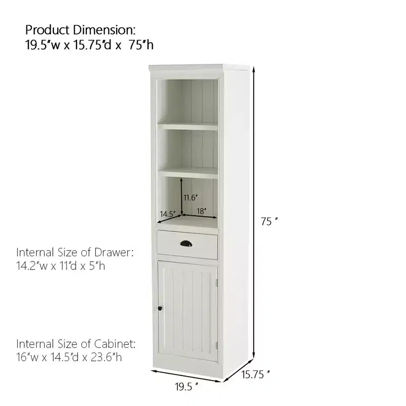 75 in Freestanding Wooden Kitchen Organizer Pantry, Farmhouse Bookcase for Hallway, Living Room, Home Office, White, 19.5x15.75x75 in
