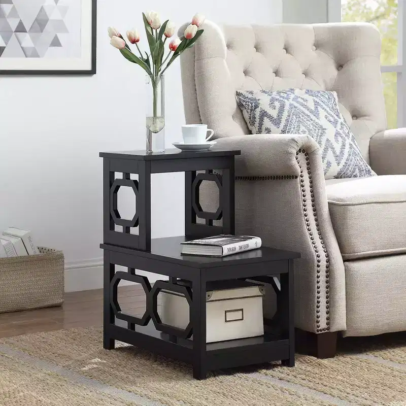 HomeStock Belmont 2 Step Chairside End Table with Contemporary L Shape Design, Three Tier Storage Shelves for Living Room or Home Office Use
