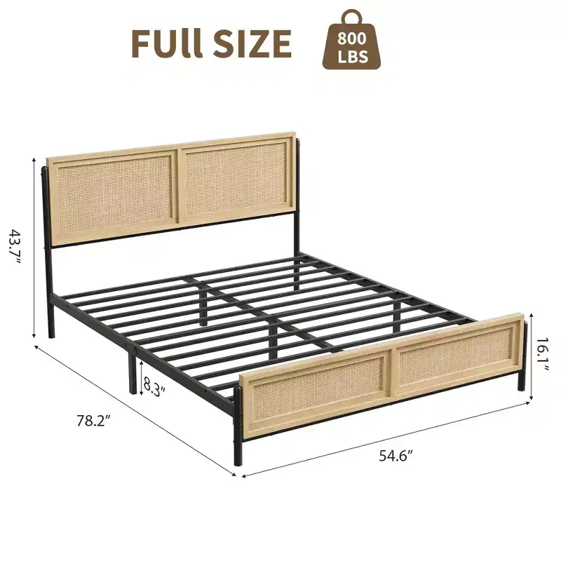 Boho Size Bed Frame with Natural Rattan Headboard and Footboard, Wooden Full Platform Bed No Box Spring Needed, Noise-Free Easy Assemble Metal