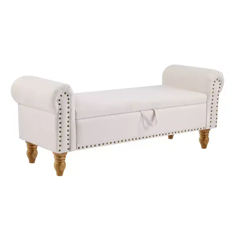 55 Beige and Brown Linen and Solid Wood Upholstered Storage Bench With Flip Top