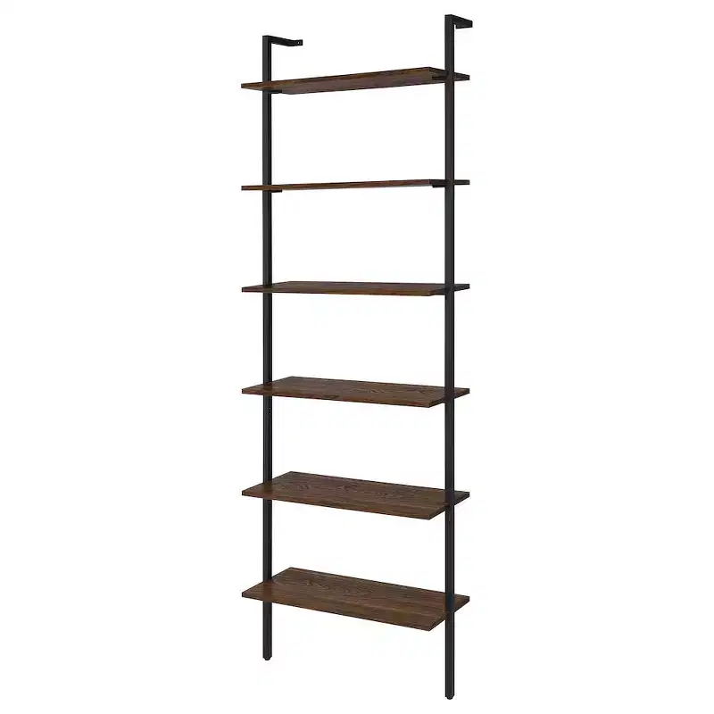 Walnut 6-Shelf Wall Bookcase, Black Metal Frame, 96