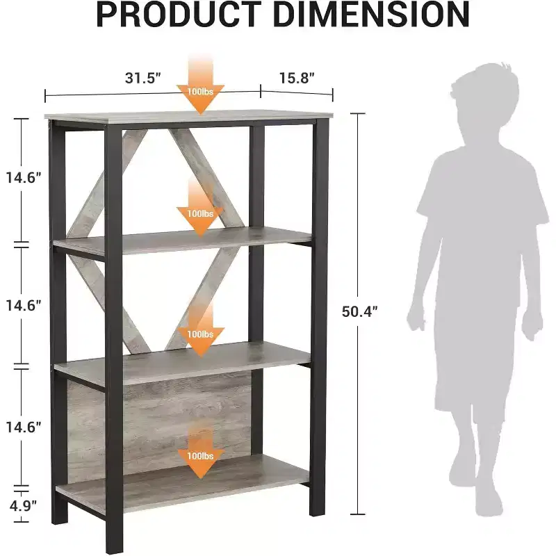 Industrial Bookcase - Modern Metal Display Shelf Organizer for Living Room or Office