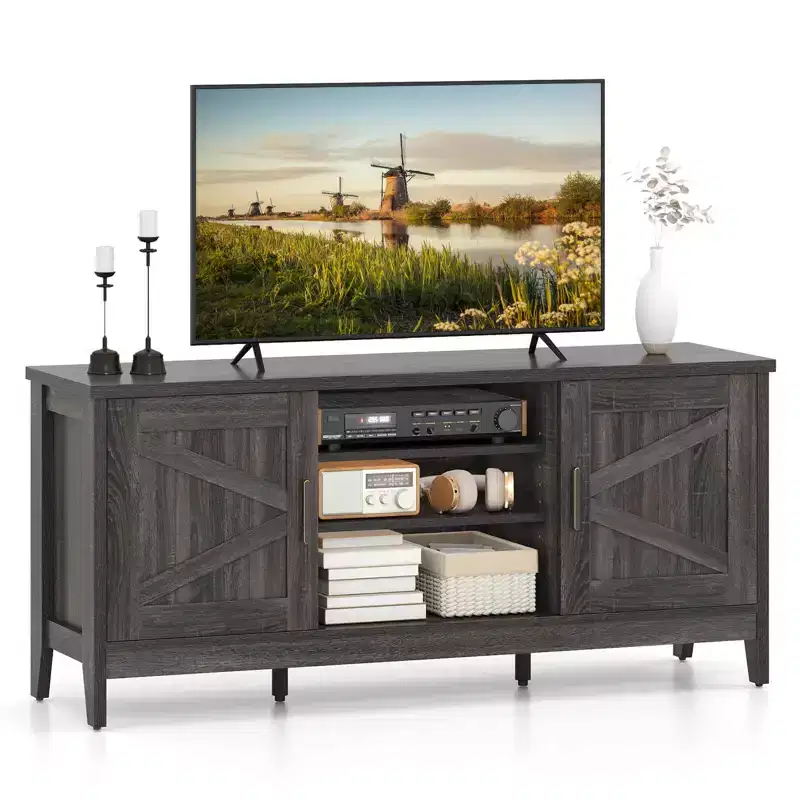 Costway Farmhouse TV Stand for TVs up to 65 Entertainment Center with 2 Storage Cabinets Gray