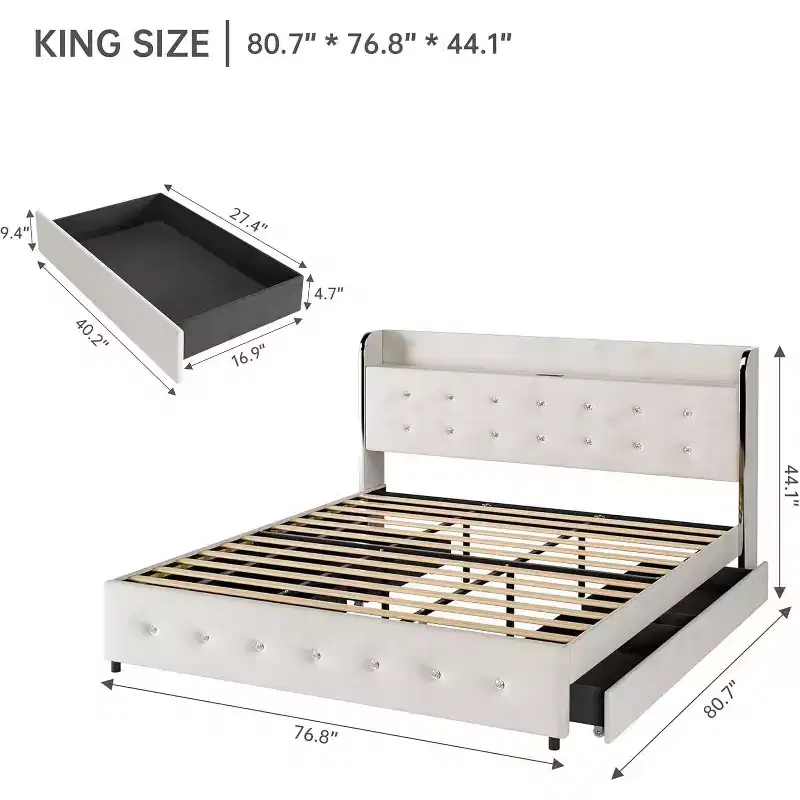 COZONY Upholstered Platform Bed with Charging Station, Headboard Shelf 4 Storage Drawers No Box Spring