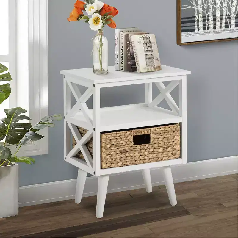 eHemco X-Side Mid-Century Modern Nightstand End Table with Storage Shelf and Wicker Basket