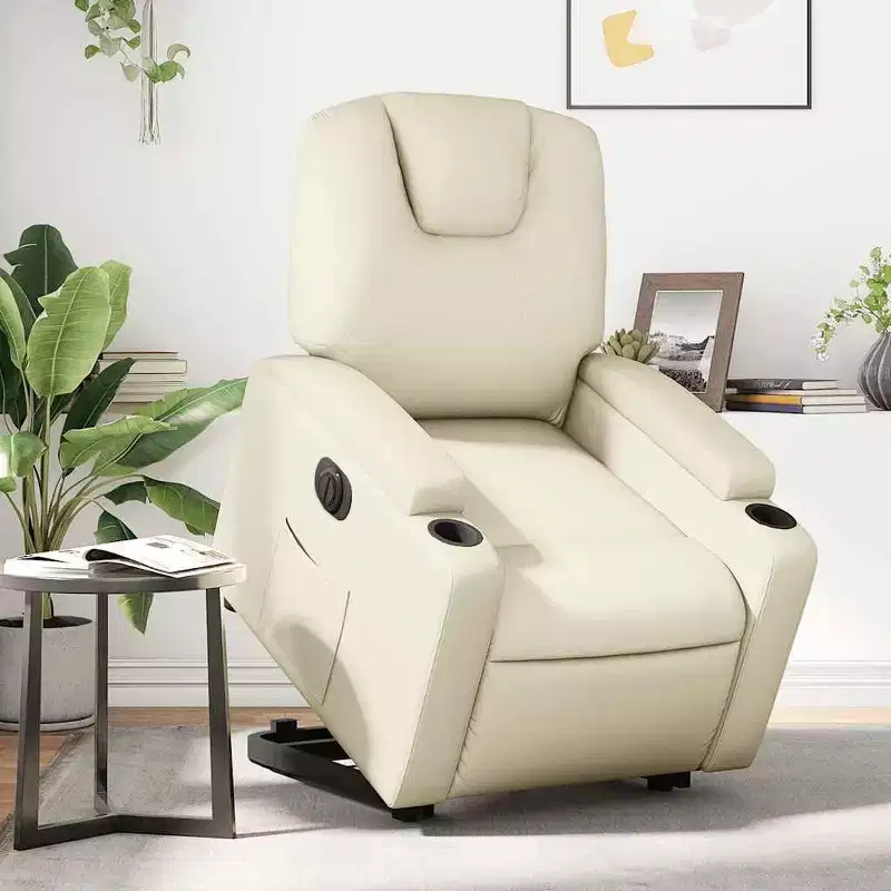 Power Lift Electric Recliner Chair - Cream Faux Leather with Cup Holders