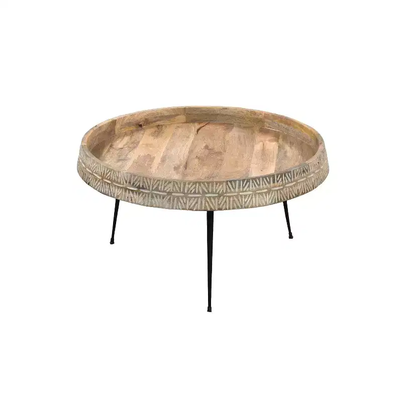 The Urban Port 29" Modern Handcrafted Round Coffee Table Natural Brown Wood Top with Carved Edge Black Iron Legs Brown/Black