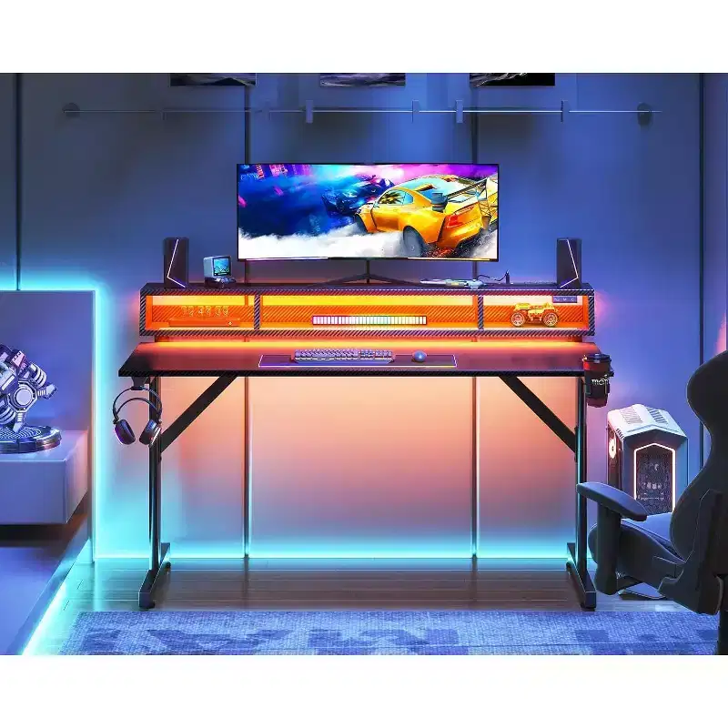 48'' LED Gaming Desk with Power Outlets & Monitor Stand