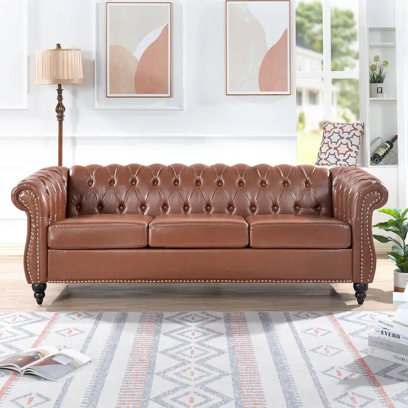 Classically Elegant 84.65 Three-Seater Rolled Arm Chesterfield Sofa in PU Leather - Sturdy Birch Legs, Soft Upholstery