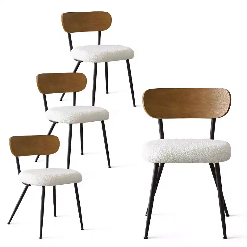 Mid-Century Modern Upholstered Dining Chairs Set of 4, Armless Side Chairs with Black Metal Legs, Boucle Seats and Curved Backrest - Panipeachy