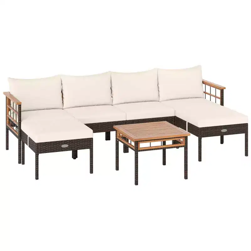 Costway 7 PCS Wicker Furniture Set with Ottomans Side Table Acacia Wood Tabletop Armrests Mix Brown + Off white