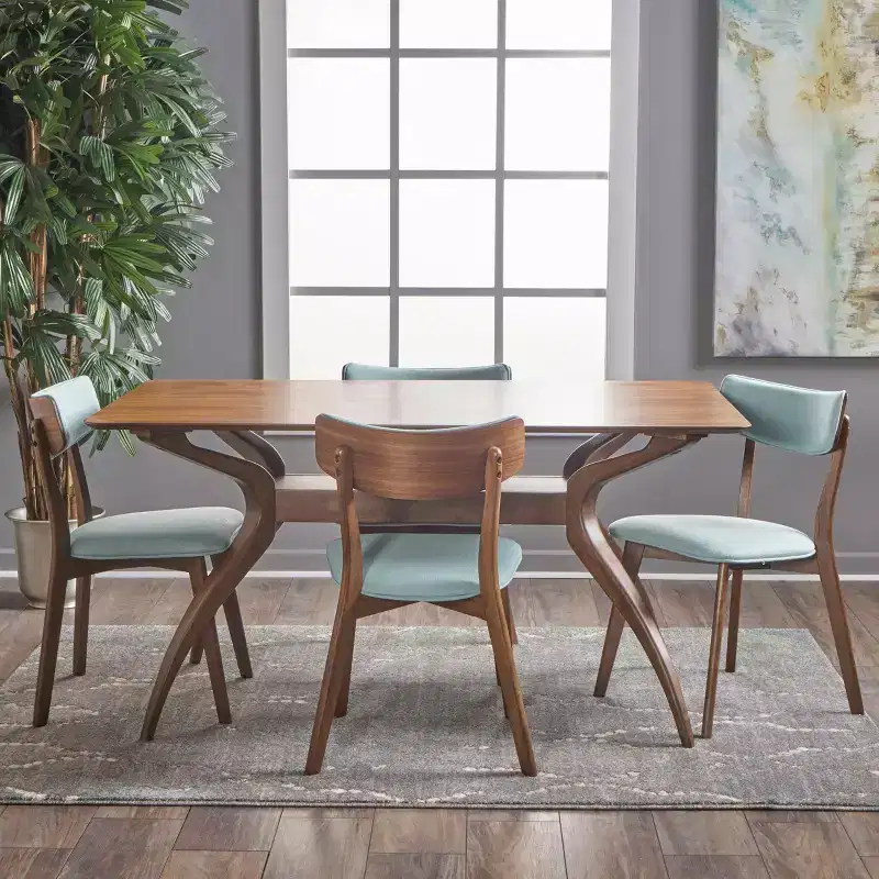 Mid-Century Modern Wood Fabric Upholstered 5 Piece Dining Set
