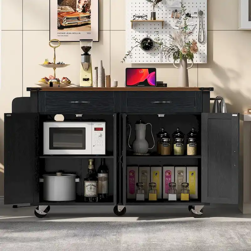 53.5 Farmhouse Kitchen Trolley with Power Outlet, Drop Leaf, Spice Rack, and Drawers, Mobile Cart on Wheels