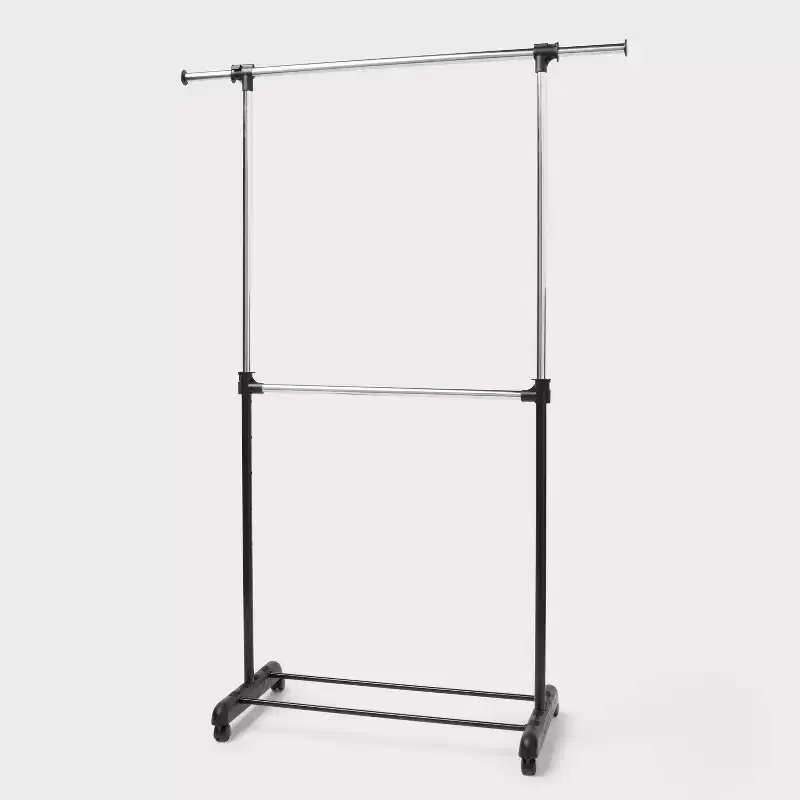 Adjustable Double Rod Freestanding Garment Rack Black Steel