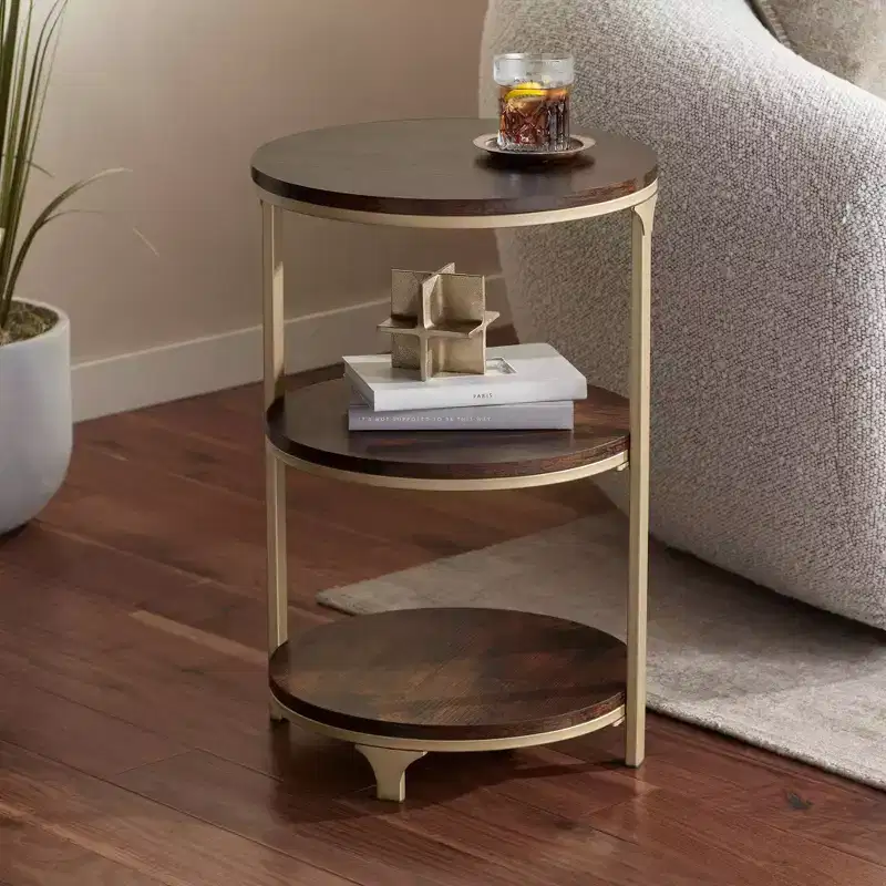 Studio 55D Keanu Farmhouse Rustic Bronze Round Accent Side End Table 15 1/4 Wide with 3-Shelf Brown Wood Tabletop for Living Room