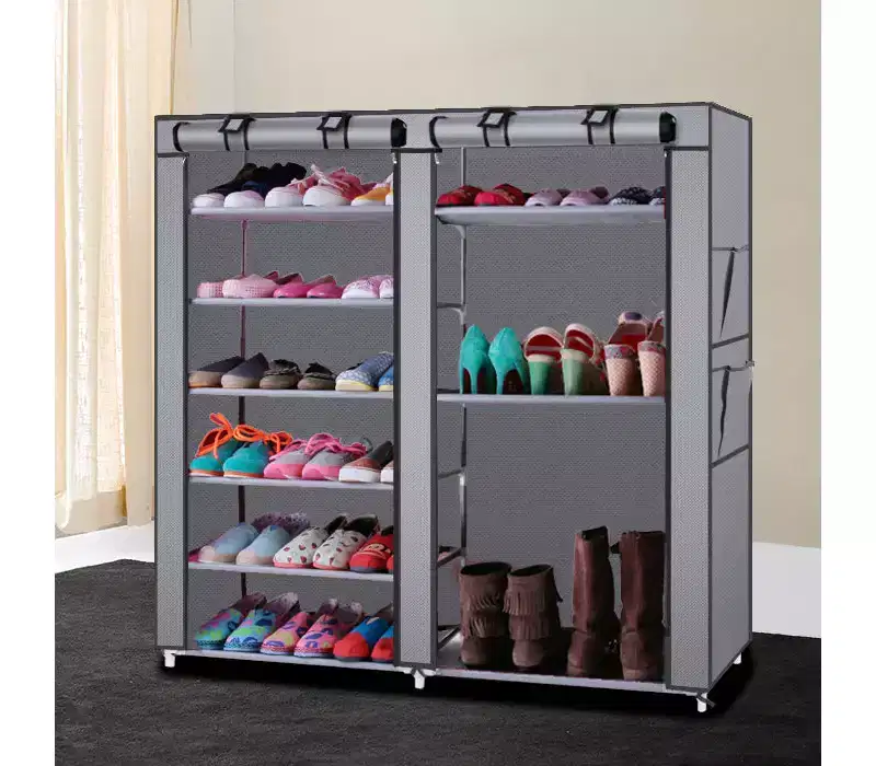 6-Row 2-Line 12 Lattices Non-woven Fabric Shoe Rack Gray
