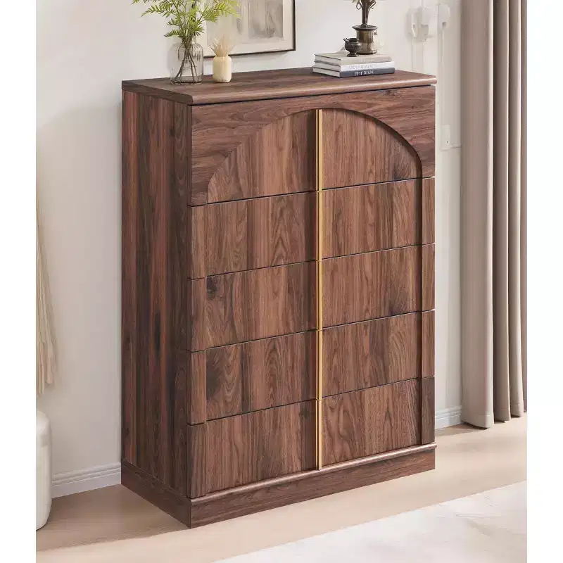 5 Drawer Dresser, 44 Tall Dressers & Chests of Drawers Arched Panel Design, Wood Modern Vertical Dresser Natural Texture for Bedroom