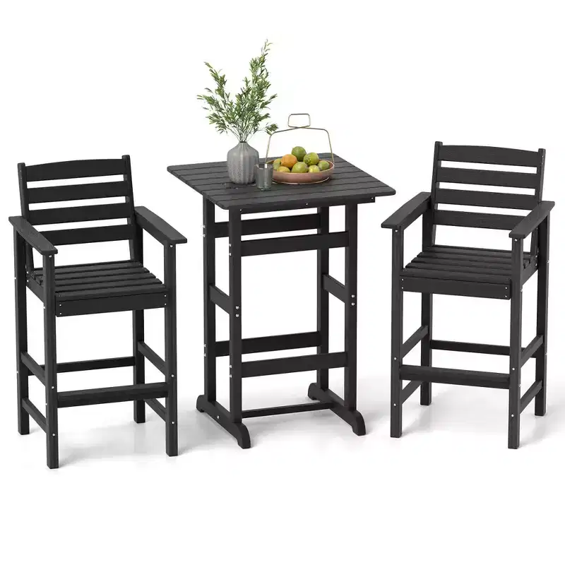 Costway 3-Piece Patio HDPE Bar Set Armchairs with Square High-Top Table Footrest & Backrest Navy/Gray/Brown/Black